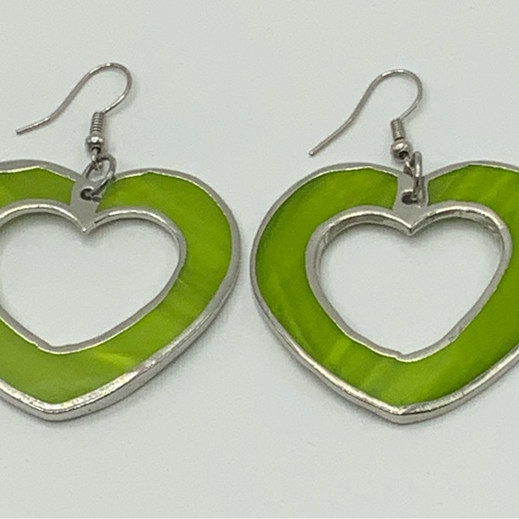 Lime Green and silver tone Heart dangle earrings . Fairly lightweight. Fun! - Picture 3 of 6
